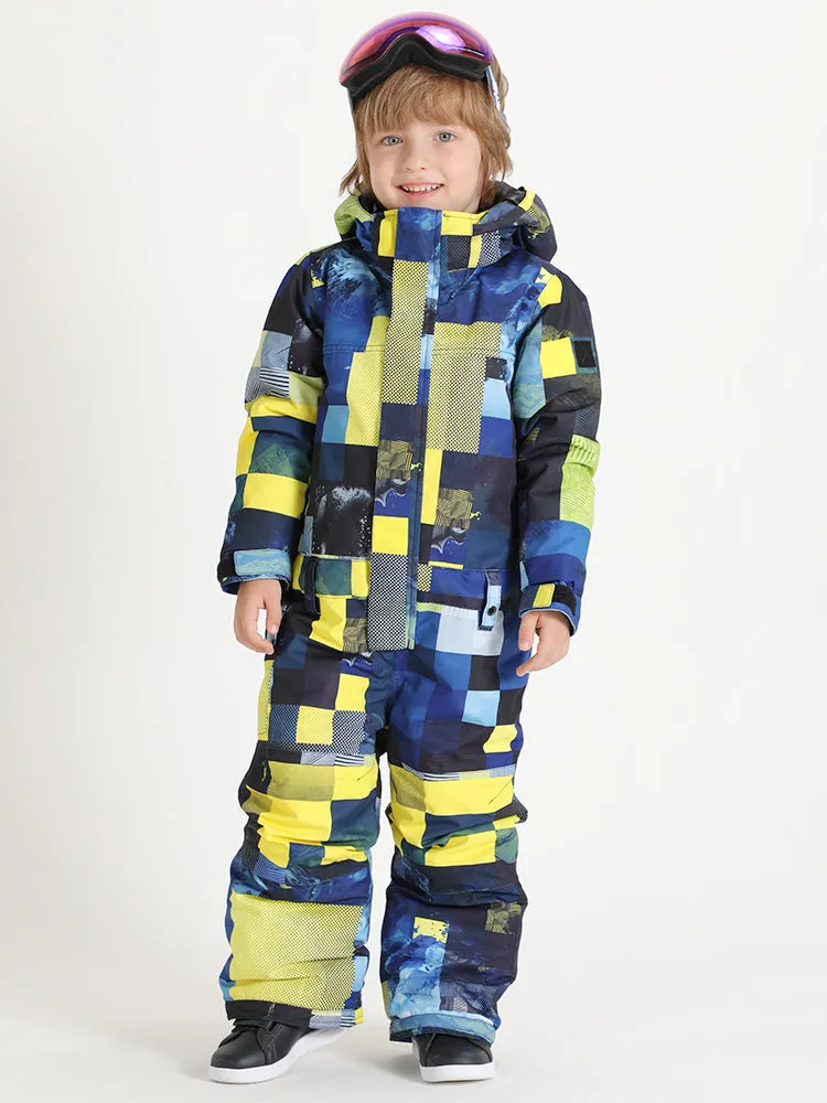 Kid's Yellow Plaid Waterproof Winter One Piece Snowboard Suit