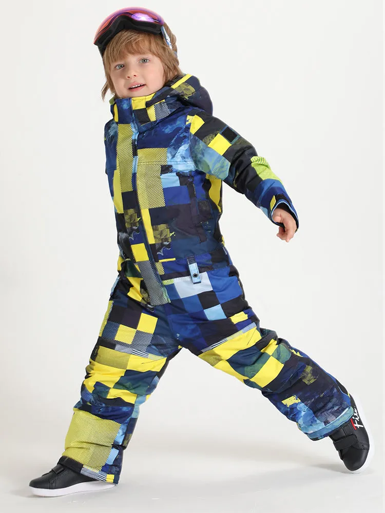 Kid's Yellow Plaid Waterproof Winter One Piece Snowboard Suit