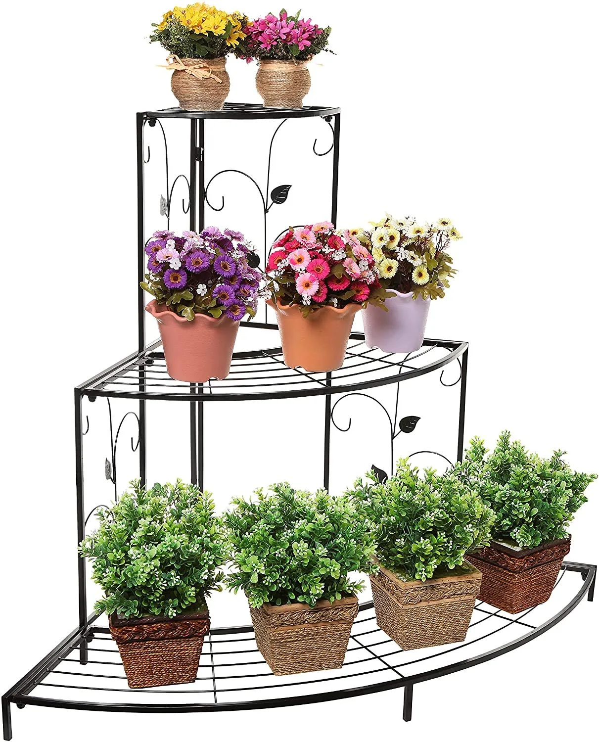 Kundi 3 Tier Plant Stand Floral Corner Shelf Metal Flower Pot Rack Stair-Step Style Display Ladder for Garden Balcony Indoor Outdoor (Black) 81cm x 57cm x 70cm (L x W x H) (Black)