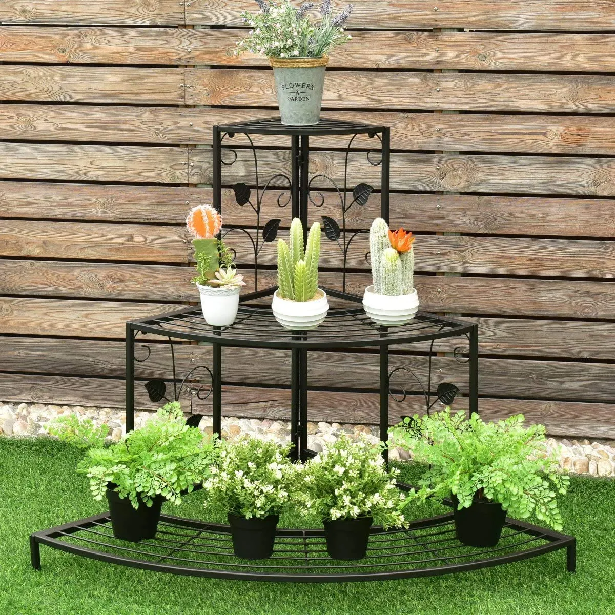 Kundi 3 Tier Plant Stand Floral Corner Shelf Metal Flower Pot Rack Stair-Step Style Display Ladder for Garden Balcony Indoor Outdoor (Black) 81cm x 57cm x 70cm (L x W x H) (Black)