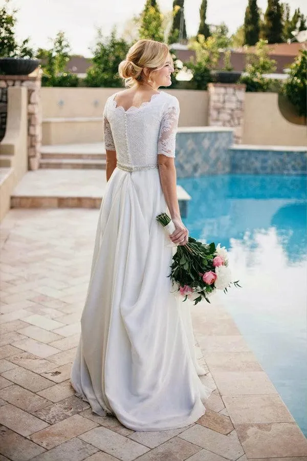 Lace A-Line Beading Ivory Half Sleeve Wedding Dress WD145