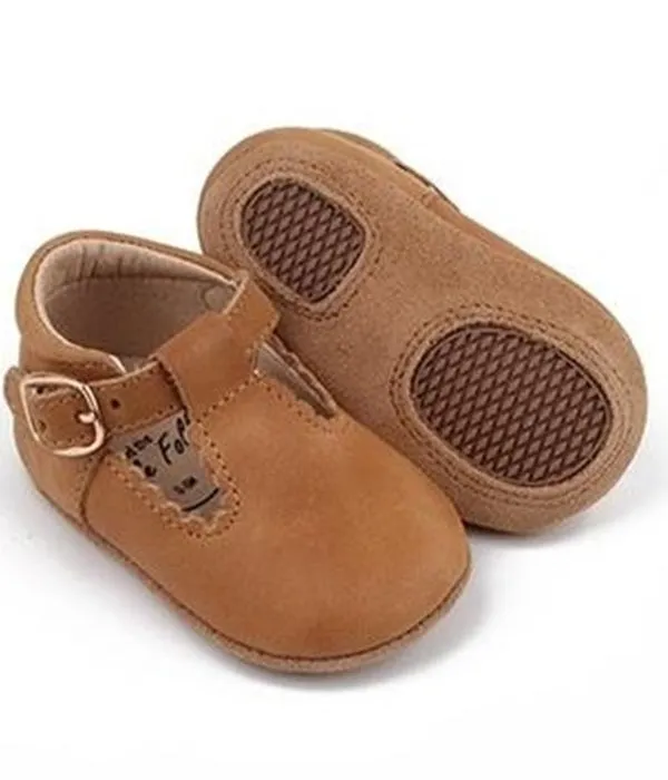 Leather Soft Sole T-Bar Shoes - Tan