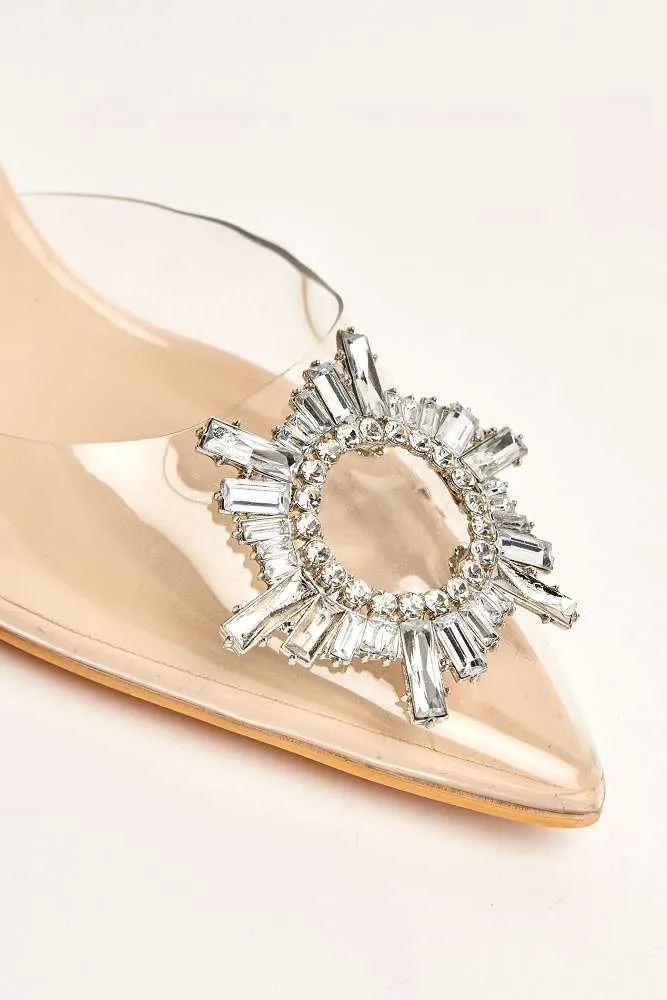 Leyra Diamante Brooch Slingback Perspex Court Shoes in Beige