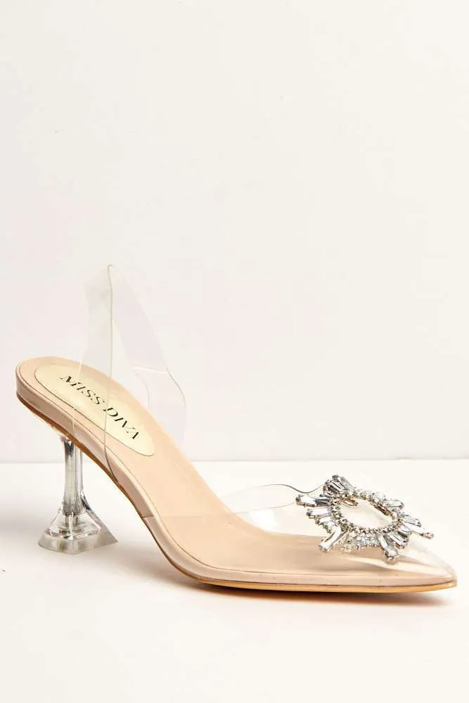 Leyra Diamante Brooch Slingback Perspex Court Shoes in Beige