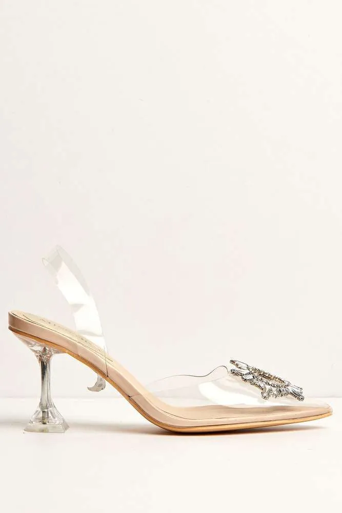 Leyra Diamante Brooch Slingback Perspex Court Shoes in Beige