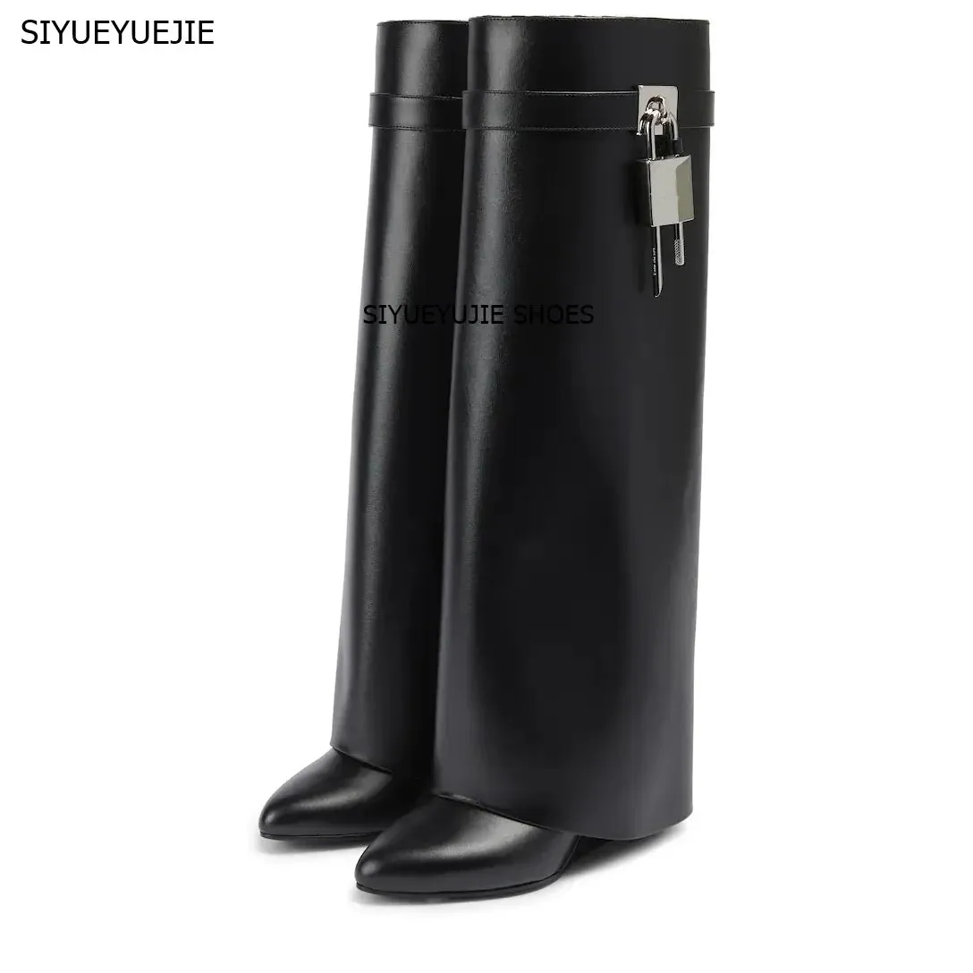 luxury Brand Luxury New Knee High Women's Boots Shark Lock Metalic Genuine Leather Long Thick Soled High-heeled Designer Shoes