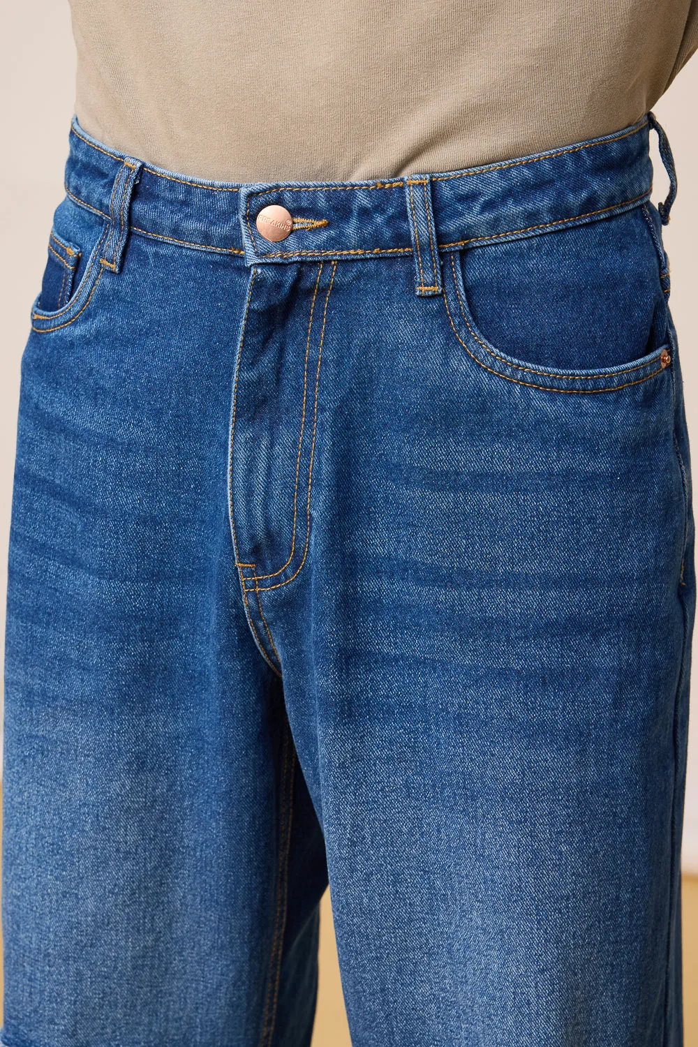 Mid Blue Denim Distressed Men's Wide Jeans