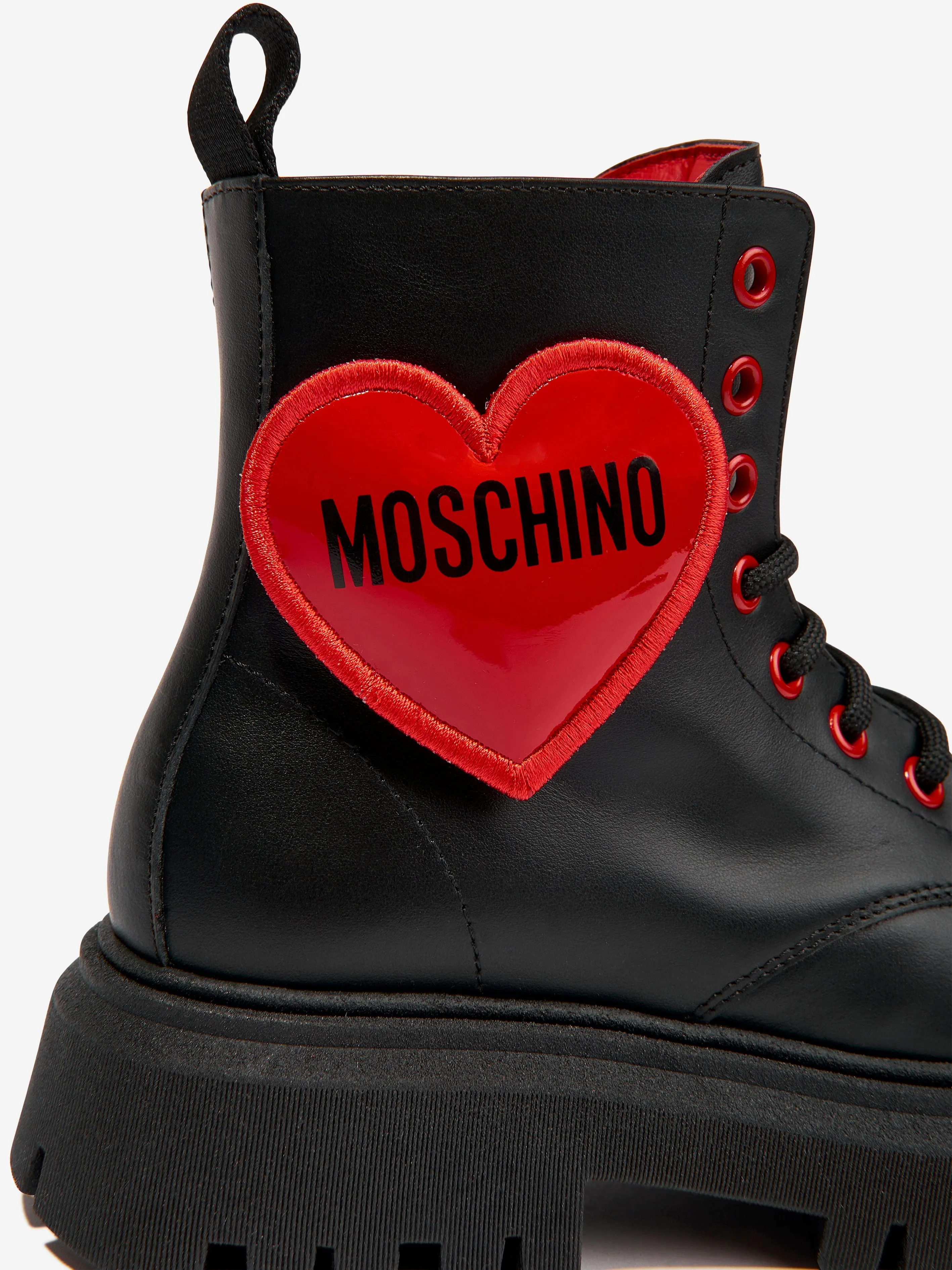 Moschino Girls Leather Lace Up Heart Boots in Black