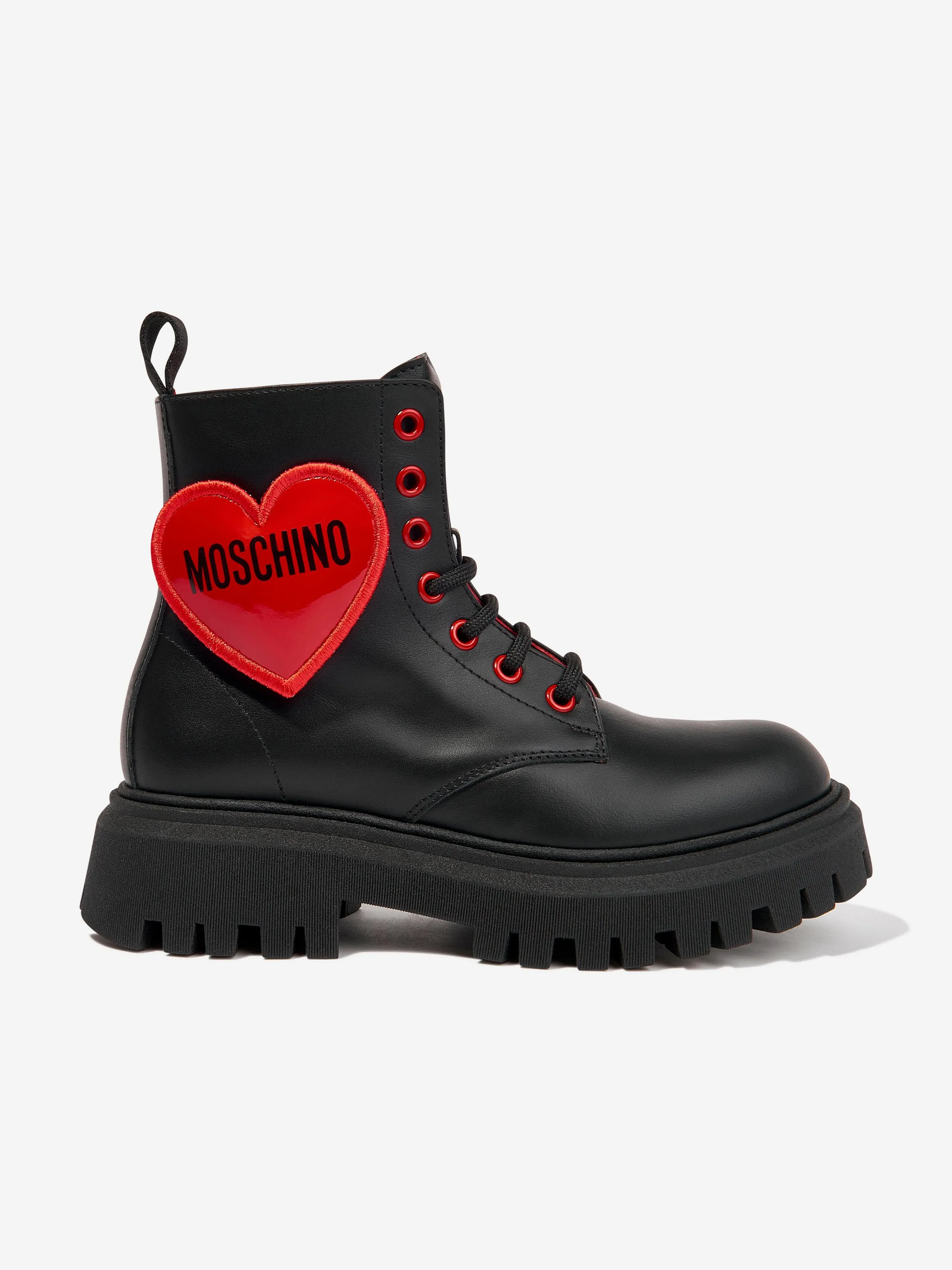 Moschino Girls Leather Lace Up Heart Boots in Black