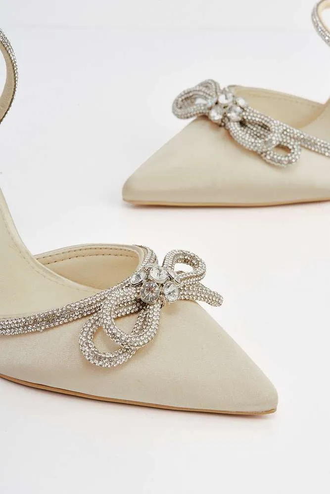 Natalie Pointed Toe Diamante Bow & Strap Court Shoe Heel in Gold Satin