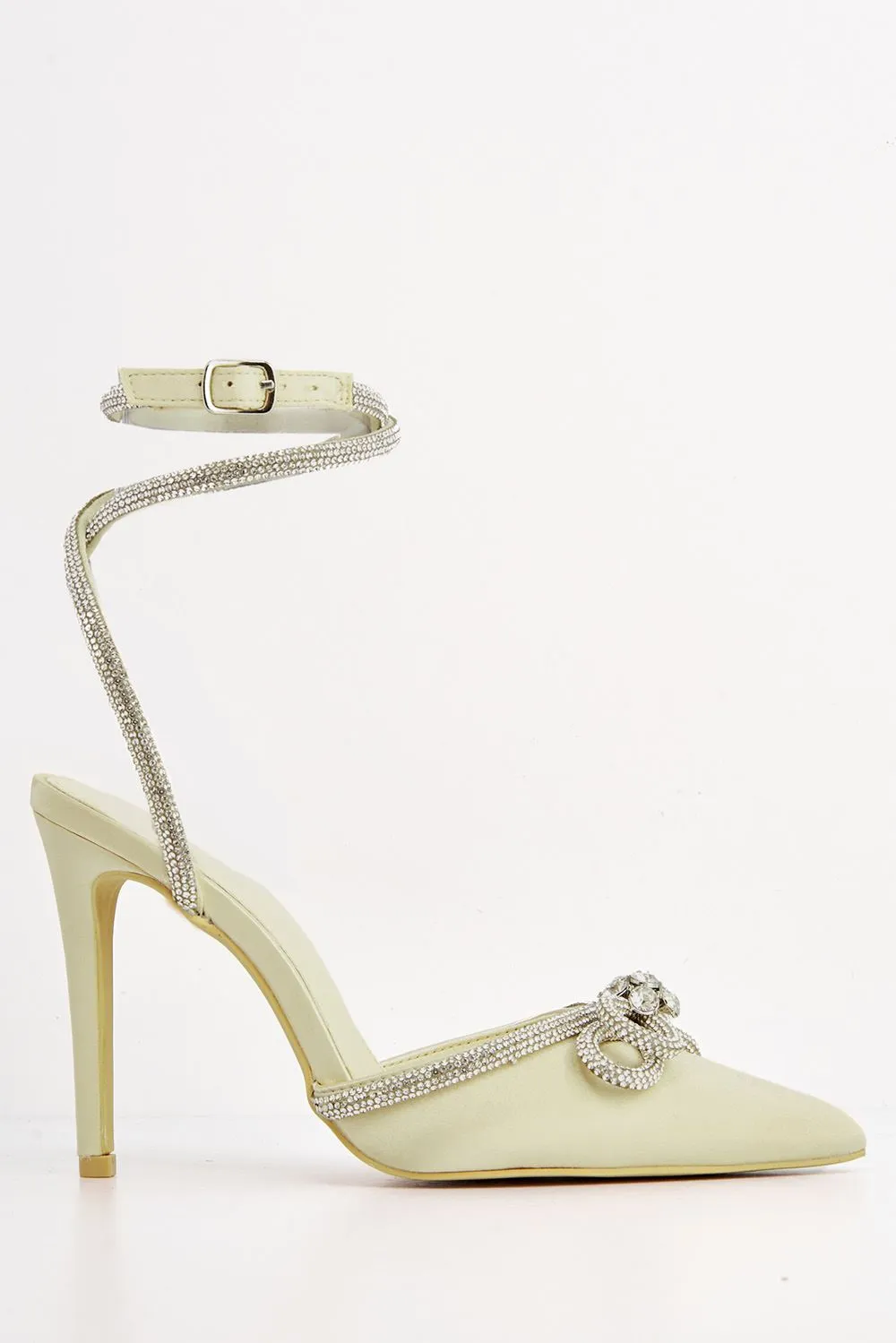 Natalie Pointed Toe Diamante Bow & Strap Court Shoe Heel in Gold Satin