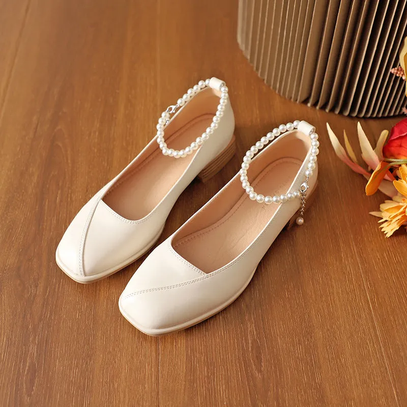 Nude Block Heels Closed Toe Autumn Women's Shoes Fashion Square Toe Leather Shoes