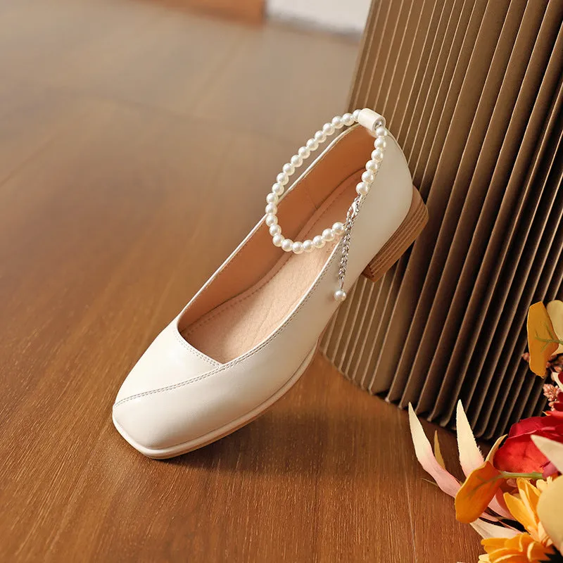 Nude Block Heels Closed Toe Autumn Women's Shoes Fashion Square Toe Leather Shoes