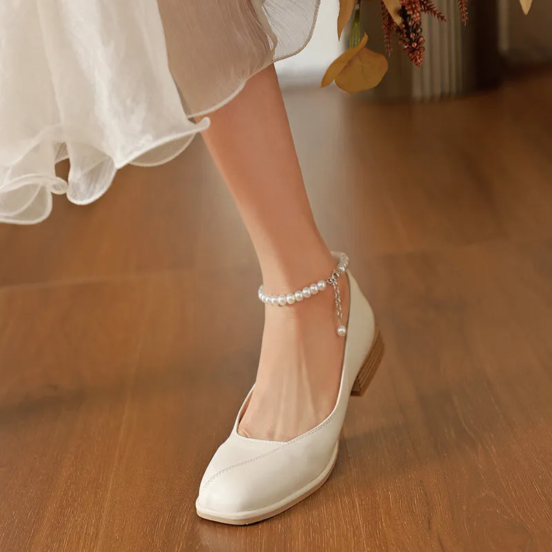 Nude Block Heels Closed Toe Autumn Women's Shoes Fashion Square Toe Leather Shoes