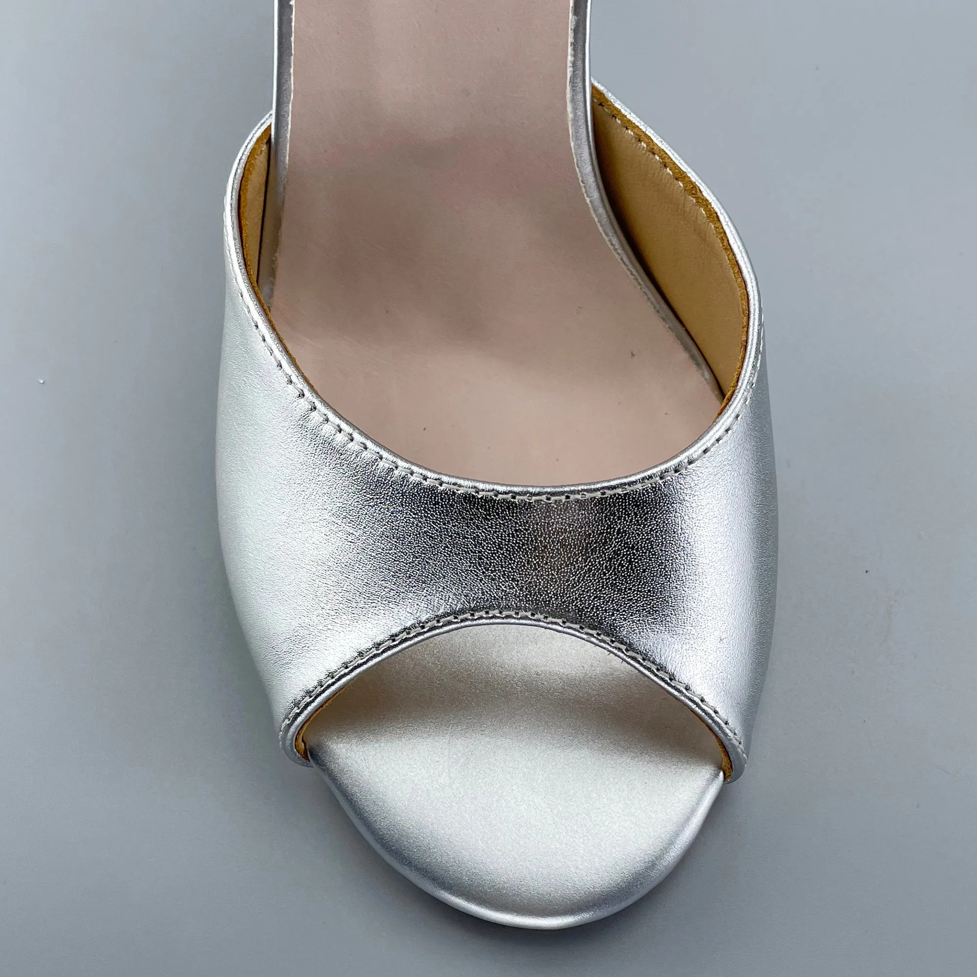 Open-toe and Closed-back Argentine Tango Shoes High Salsa Heels Hard Leather Sole Sandals Silver