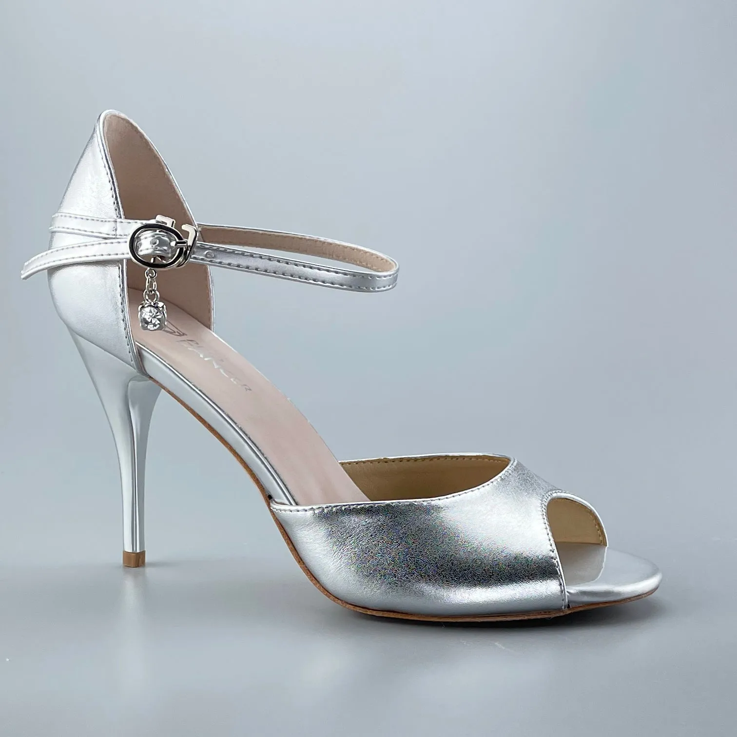 Open-toe and Closed-back Argentine Tango Shoes High Salsa Heels Hard Leather Sole Sandals Silver