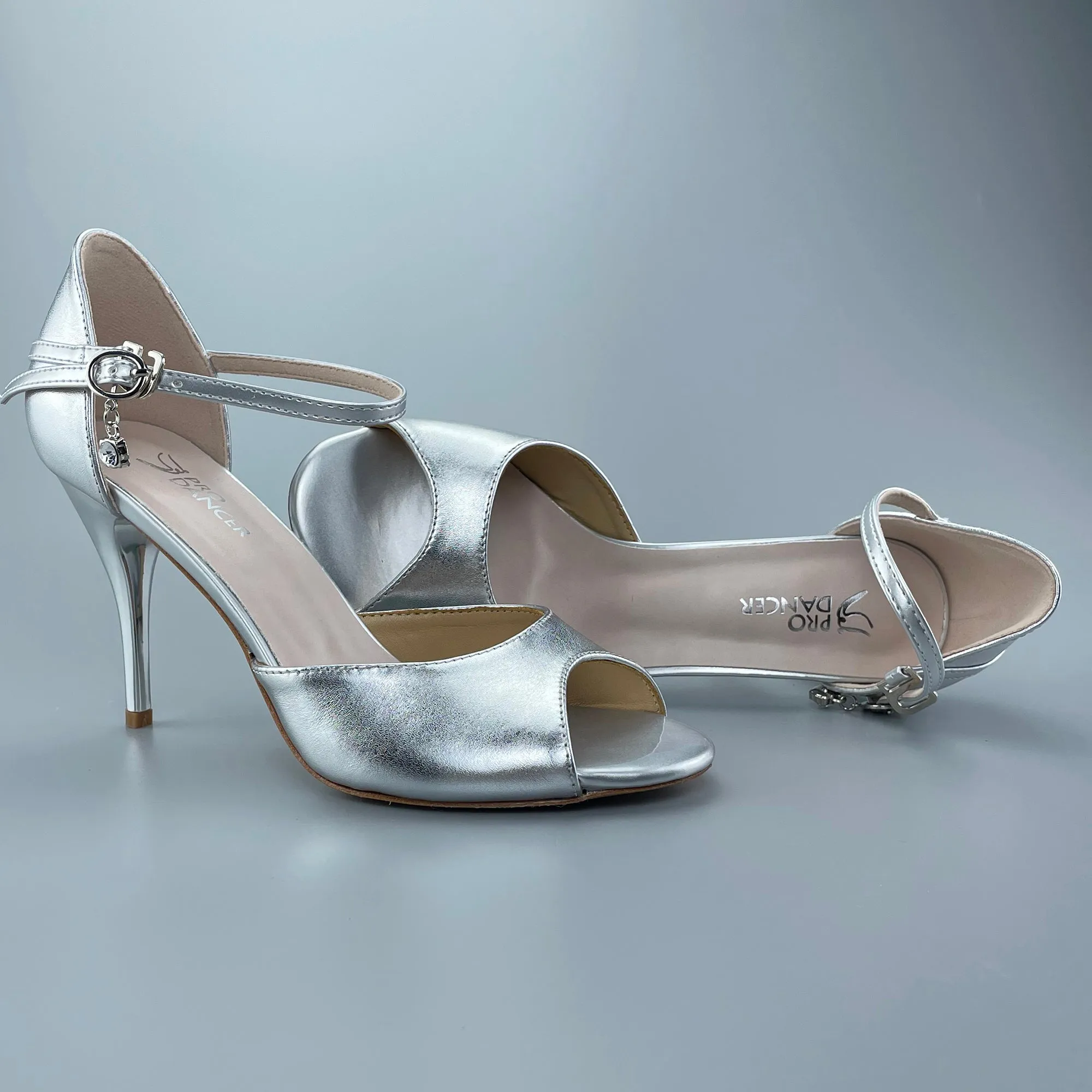 Open-toe and Closed-back Argentine Tango Shoes High Salsa Heels Hard Leather Sole Sandals Silver