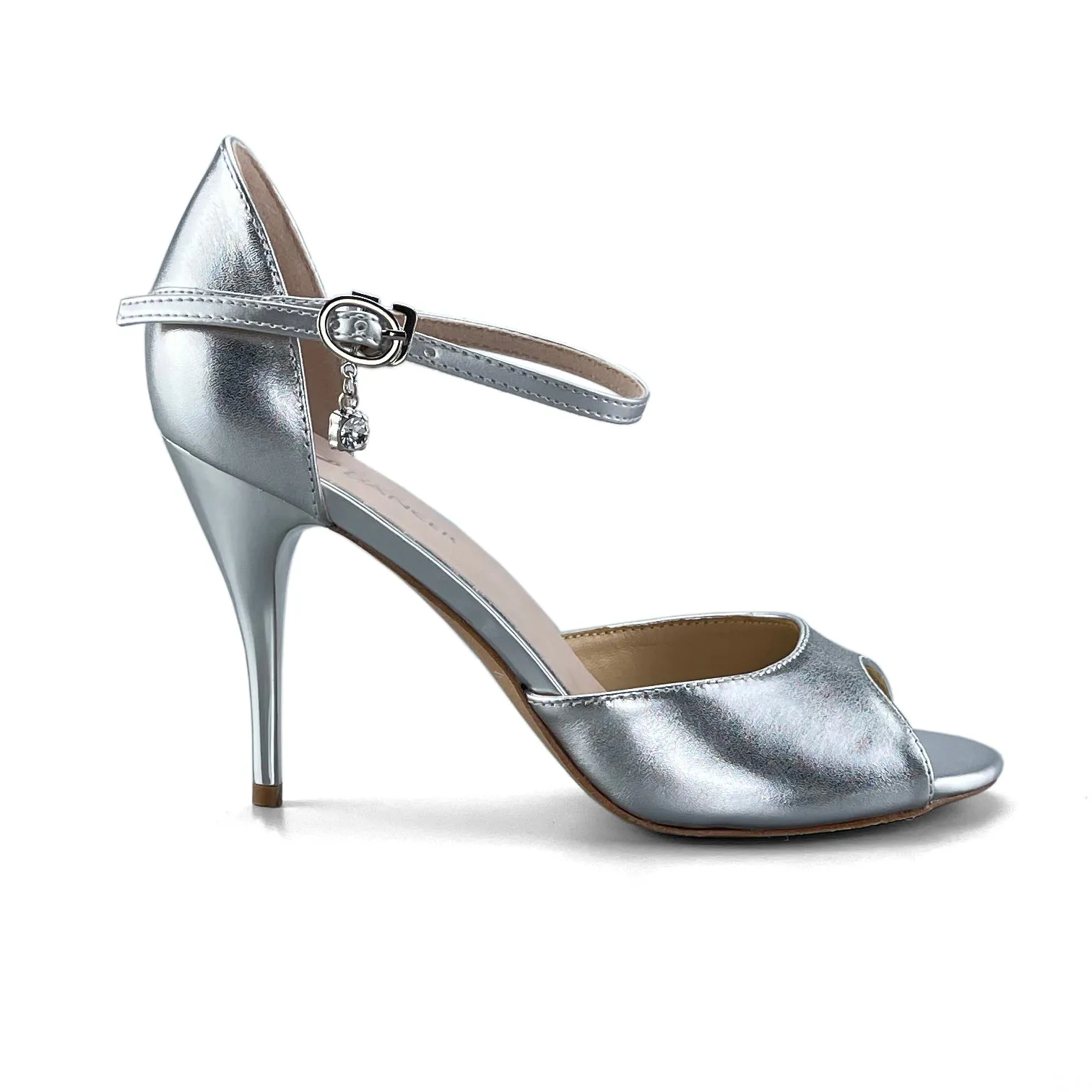 Open-toe and Closed-back Argentine Tango Shoes High Salsa Heels Hard Leather Sole Sandals Silver