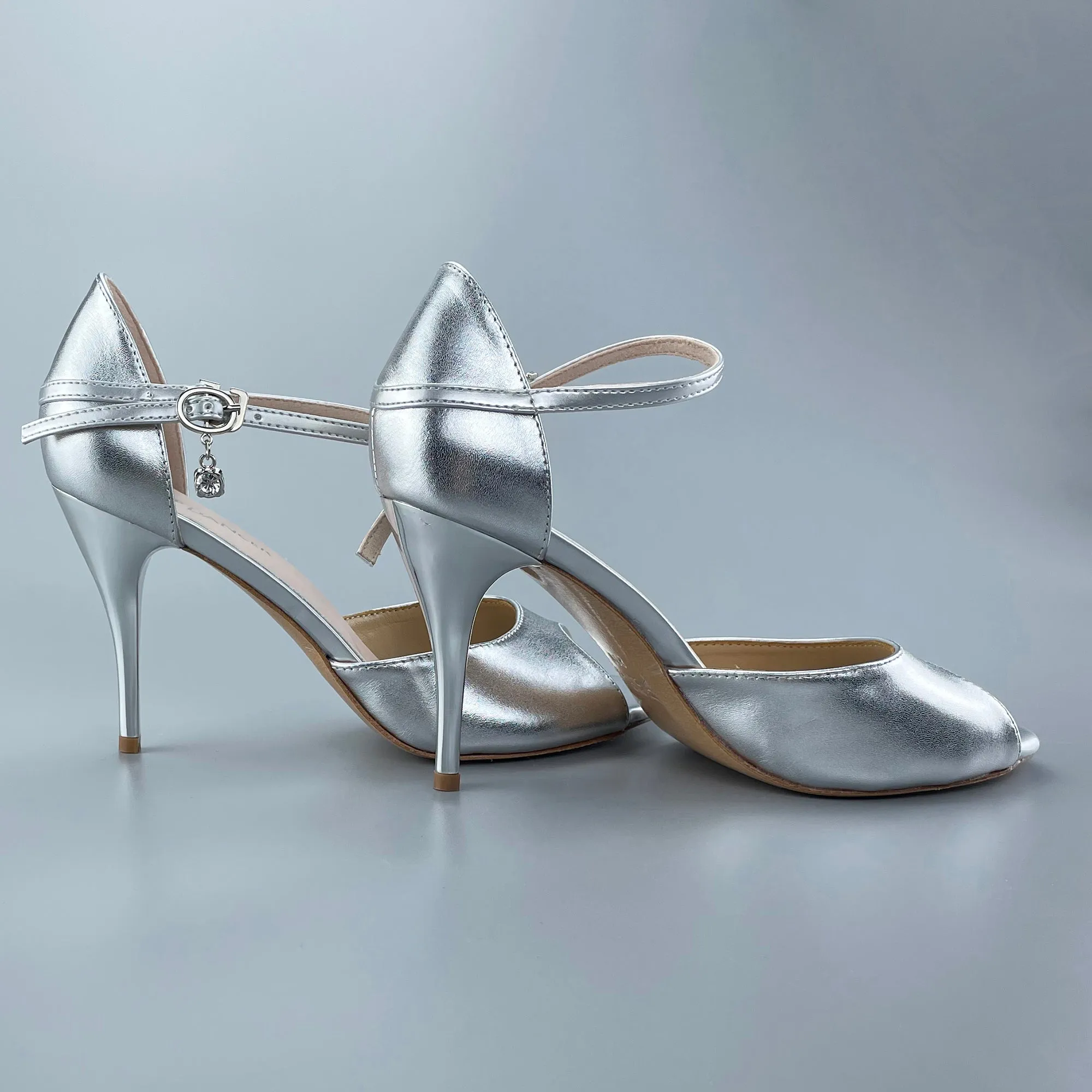 Open-toe and Closed-back Argentine Tango Shoes High Salsa Heels Hard Leather Sole Sandals Silver