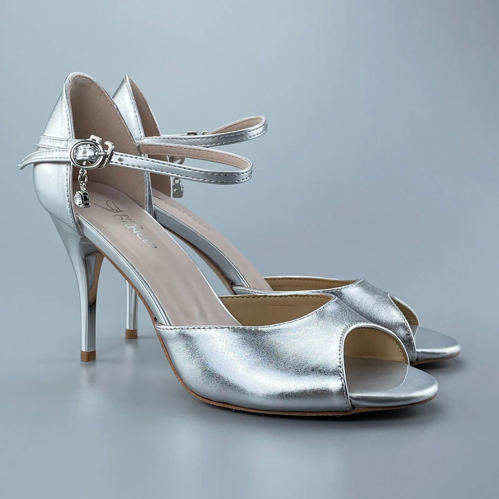 Open-toe and Closed-back Argentine Tango Shoes High Salsa Heels Hard Leather Sole Sandals Silver