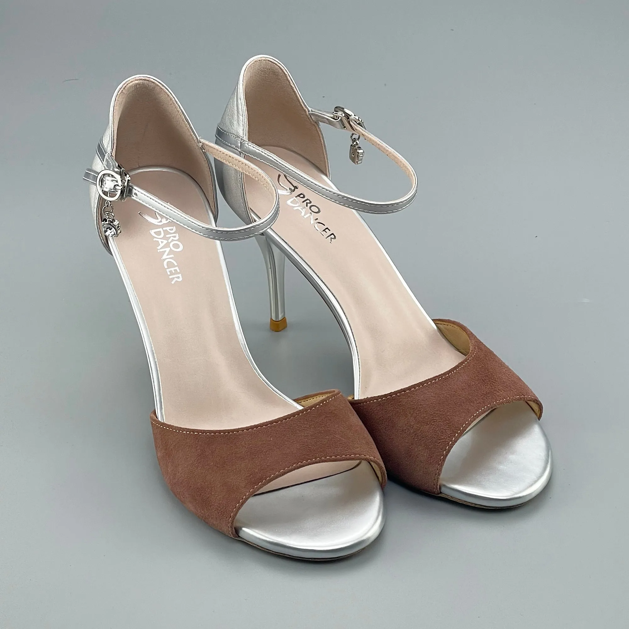 Open-toe Argentine Tango Shoes Closed-back High Heels Hard Leather Sole Brown and Silver