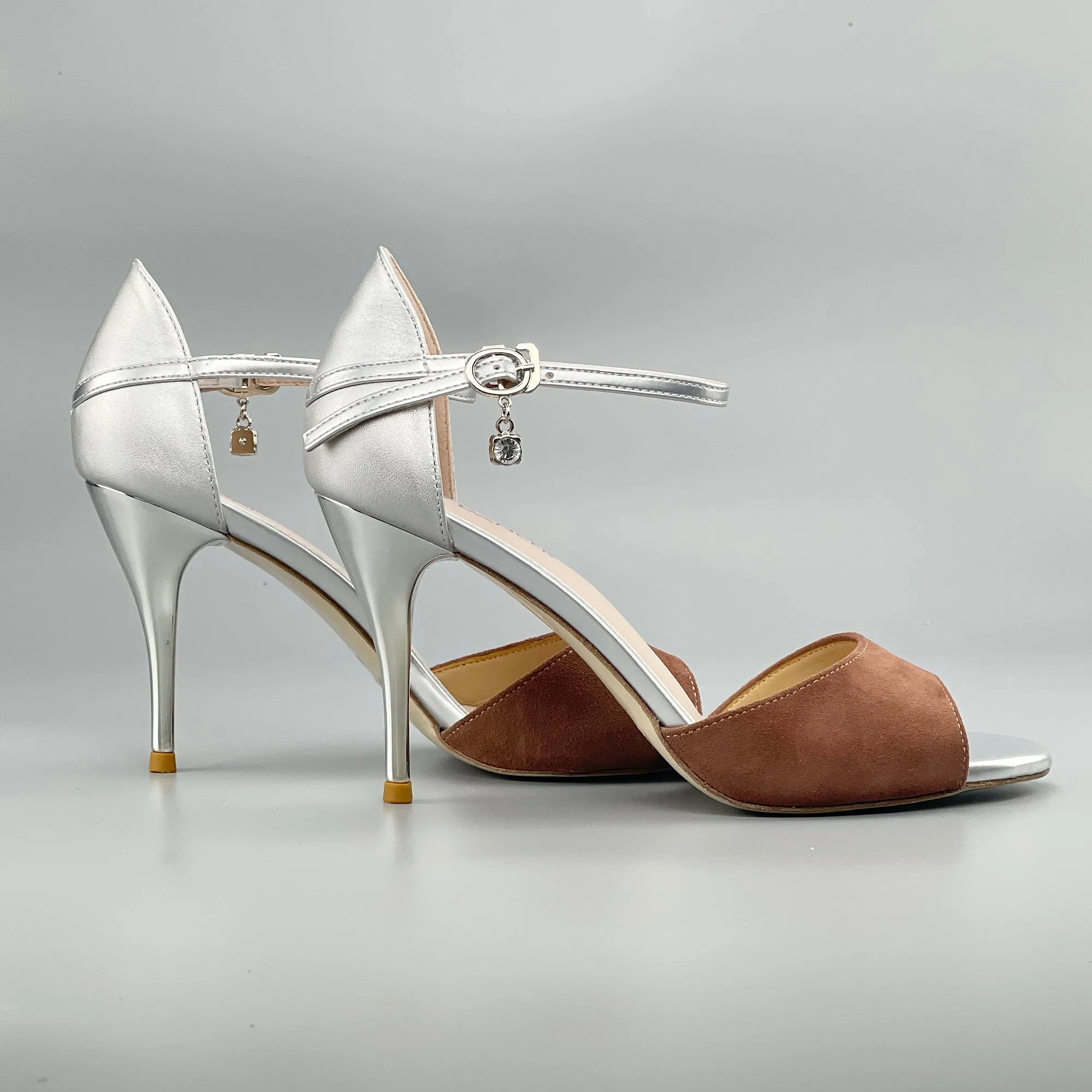 Open-toe Argentine Tango Shoes Closed-back High Heels Hard Leather Sole Brown and Silver