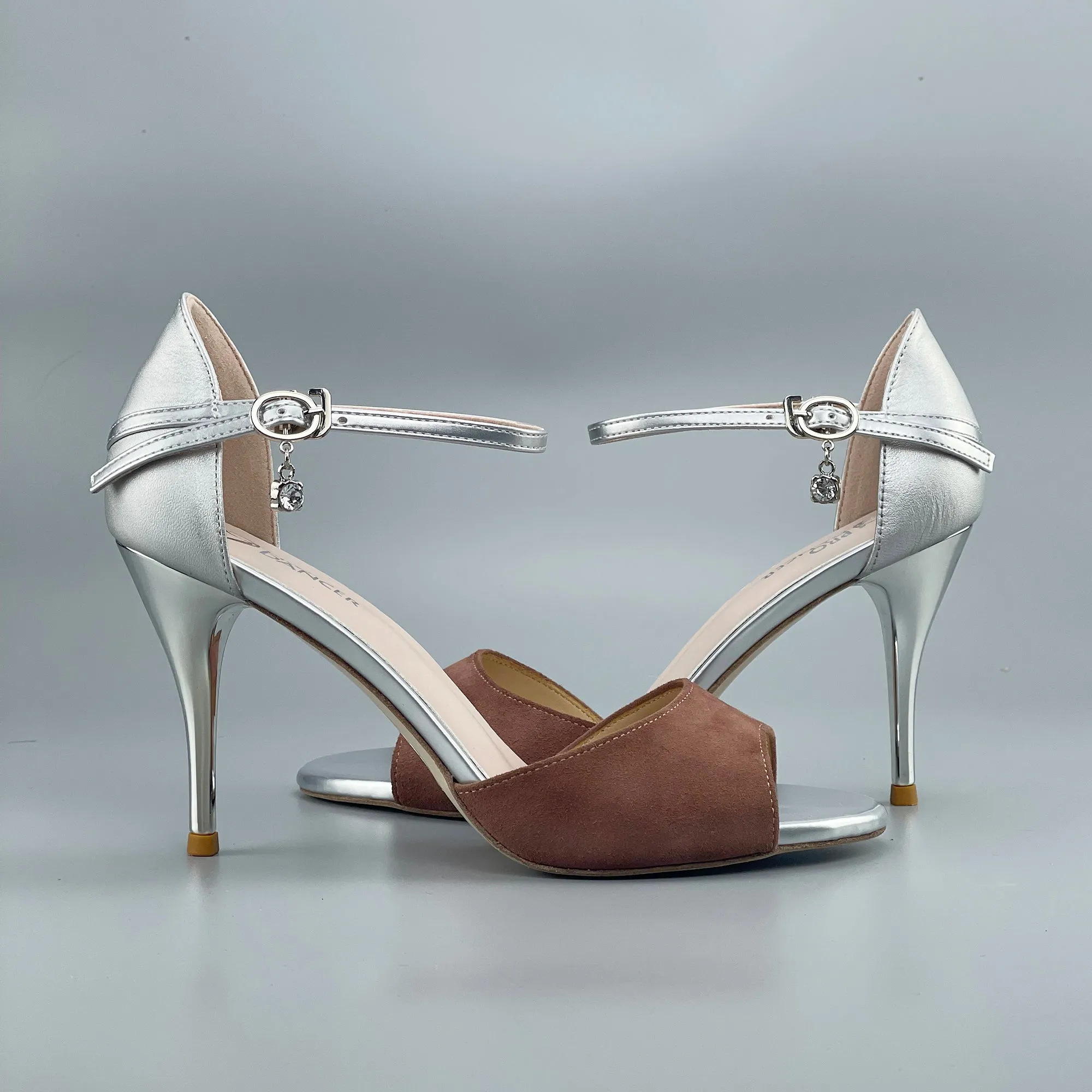 Open-toe Argentine Tango Shoes Closed-back High Heels Hard Leather Sole Brown and Silver