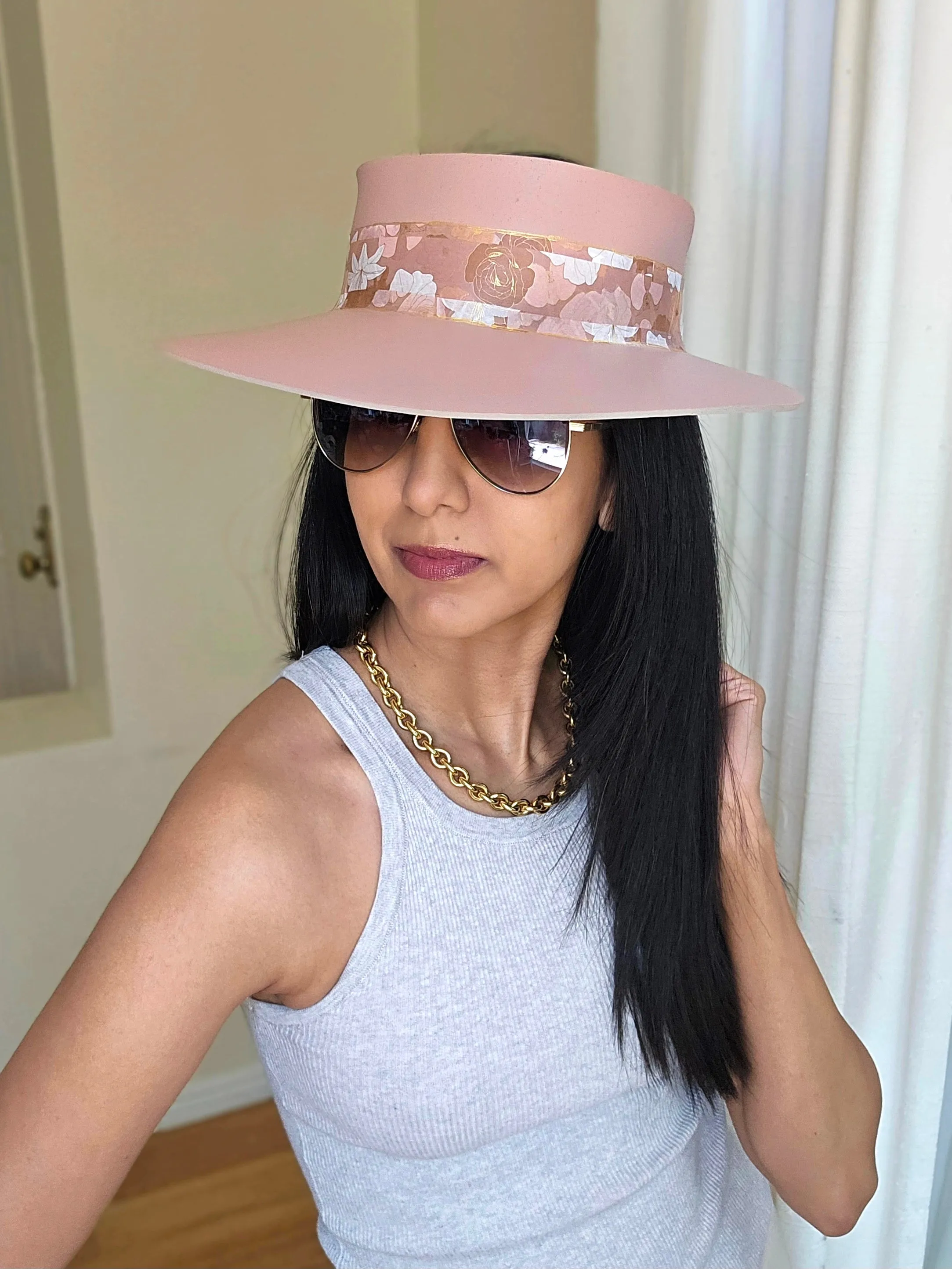 Peachy Pink "LadyEVA" Visor Hat with Graphic Floral Band