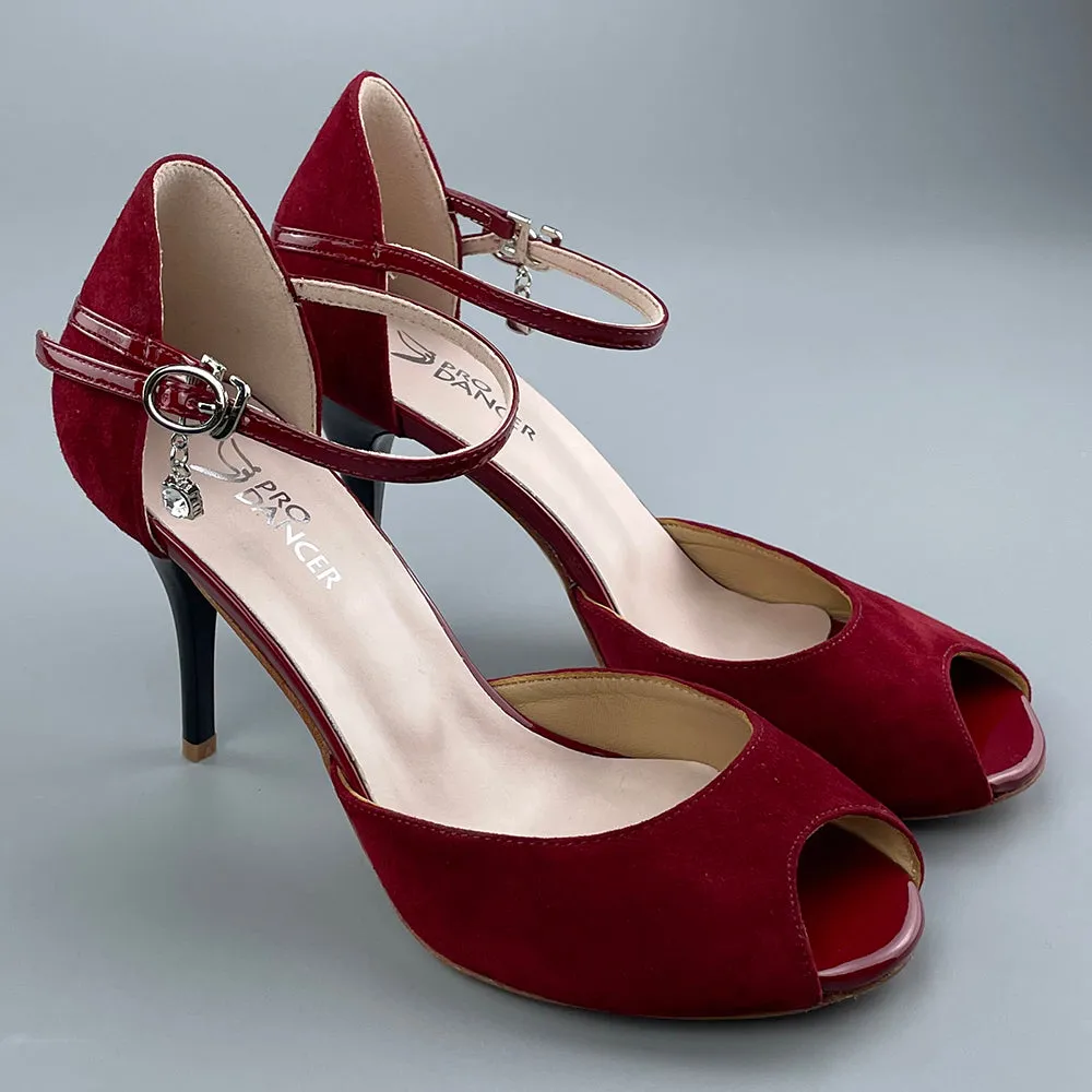 Peep-toe Argentine Tango Shoes Closed-back High Heels Hard Leather Sole Dark Red