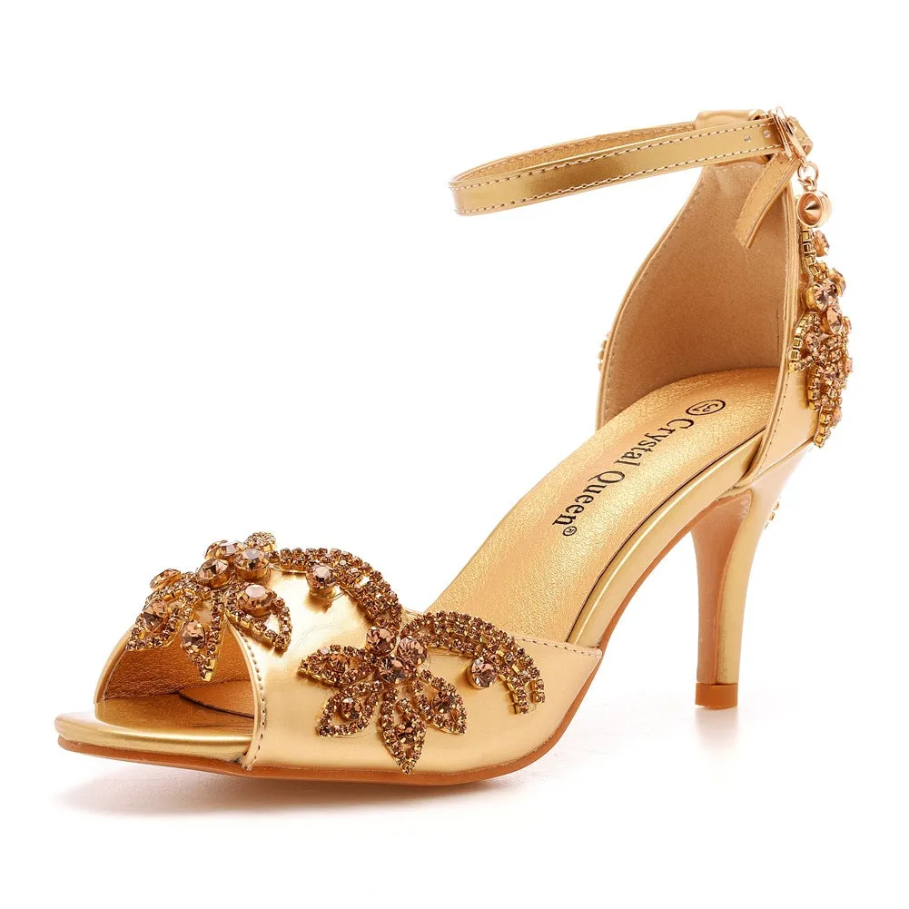 Peep Toe Rhinestone Ankle Strap High Heel