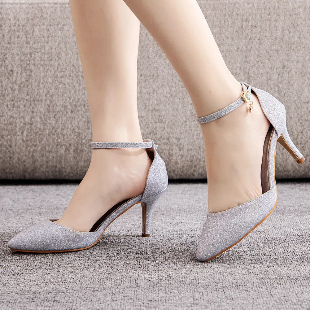 Pointed Toe Simple Glitter Stiletto Ankle-Strap High Heels