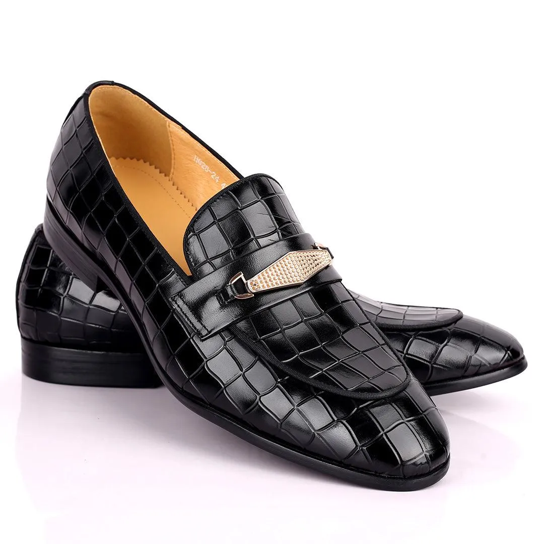 Prad Superlative Croc Leather With Gold Designed Shoe - Black