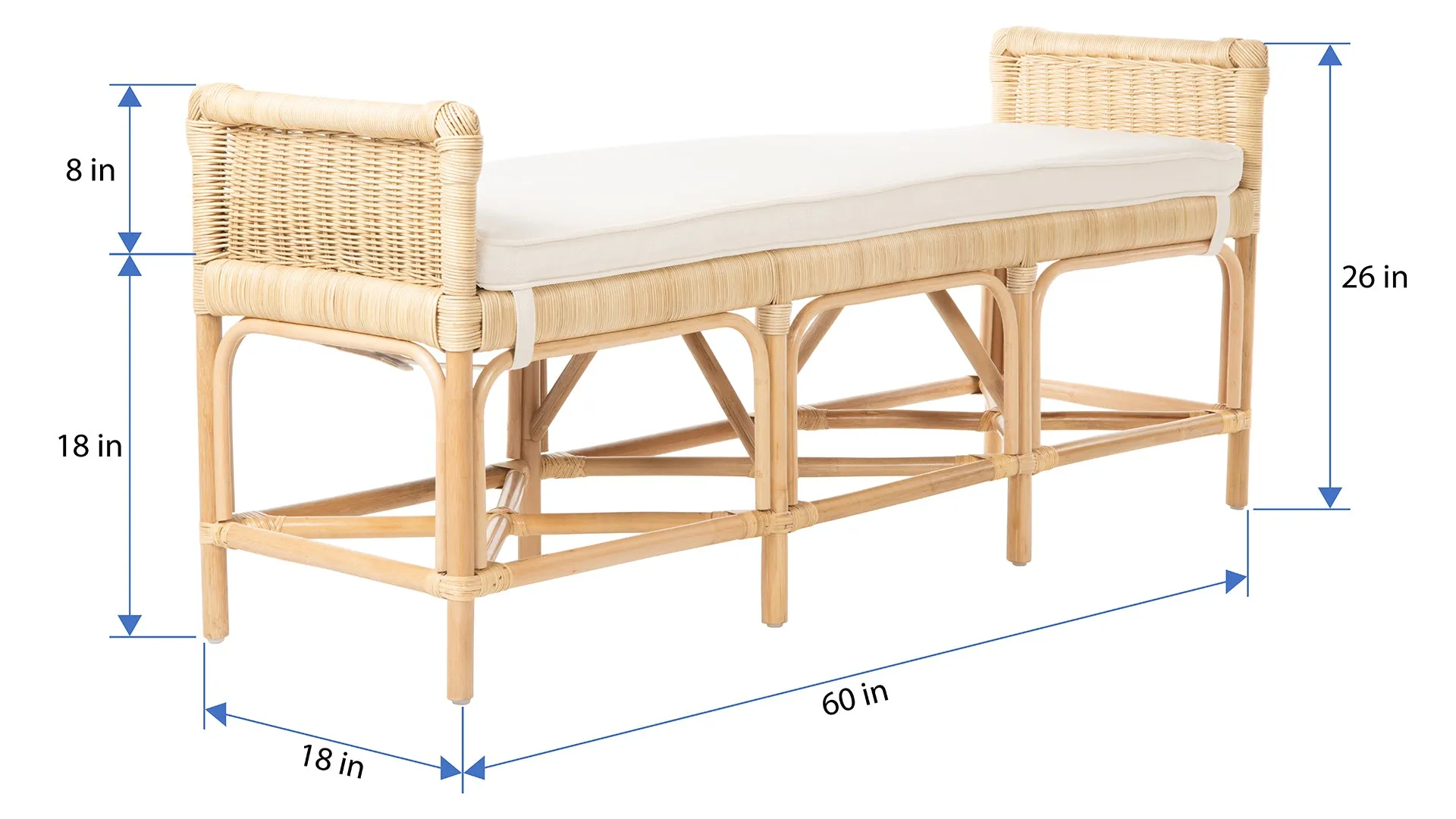 Rattan Sandbar Bench with Seat Cushion, Natural