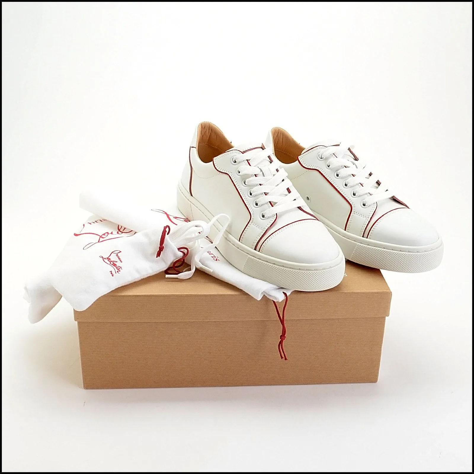 RDC14072 Authentic CHRISTIAN LOUBOUTIN White Calfskin Leather Red Patent Trim Sneakers Size 9