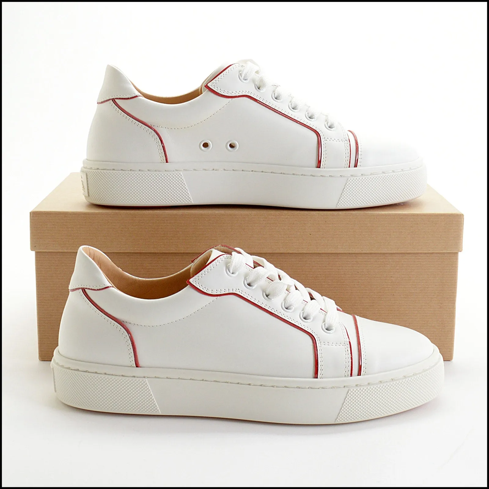 RDC14072 Authentic CHRISTIAN LOUBOUTIN White Calfskin Leather Red Patent Trim Sneakers Size 9