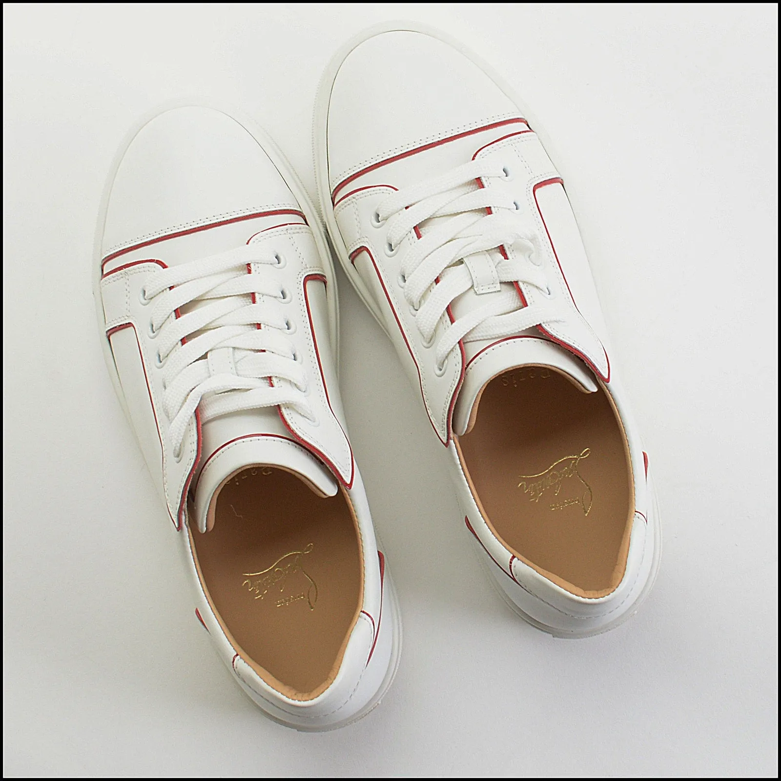 RDC14072 Authentic CHRISTIAN LOUBOUTIN White Calfskin Leather Red Patent Trim Sneakers Size 9