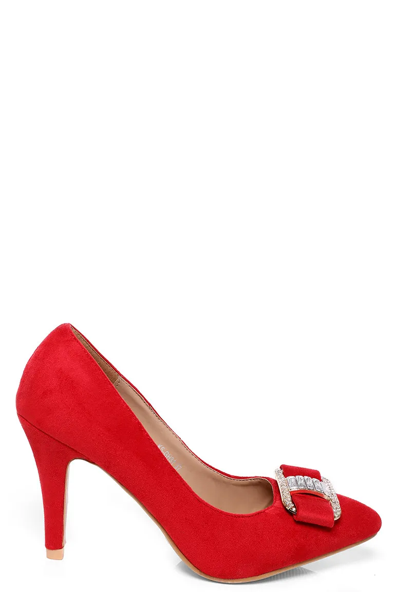 Red Faux Suede Embellished Court Shoes