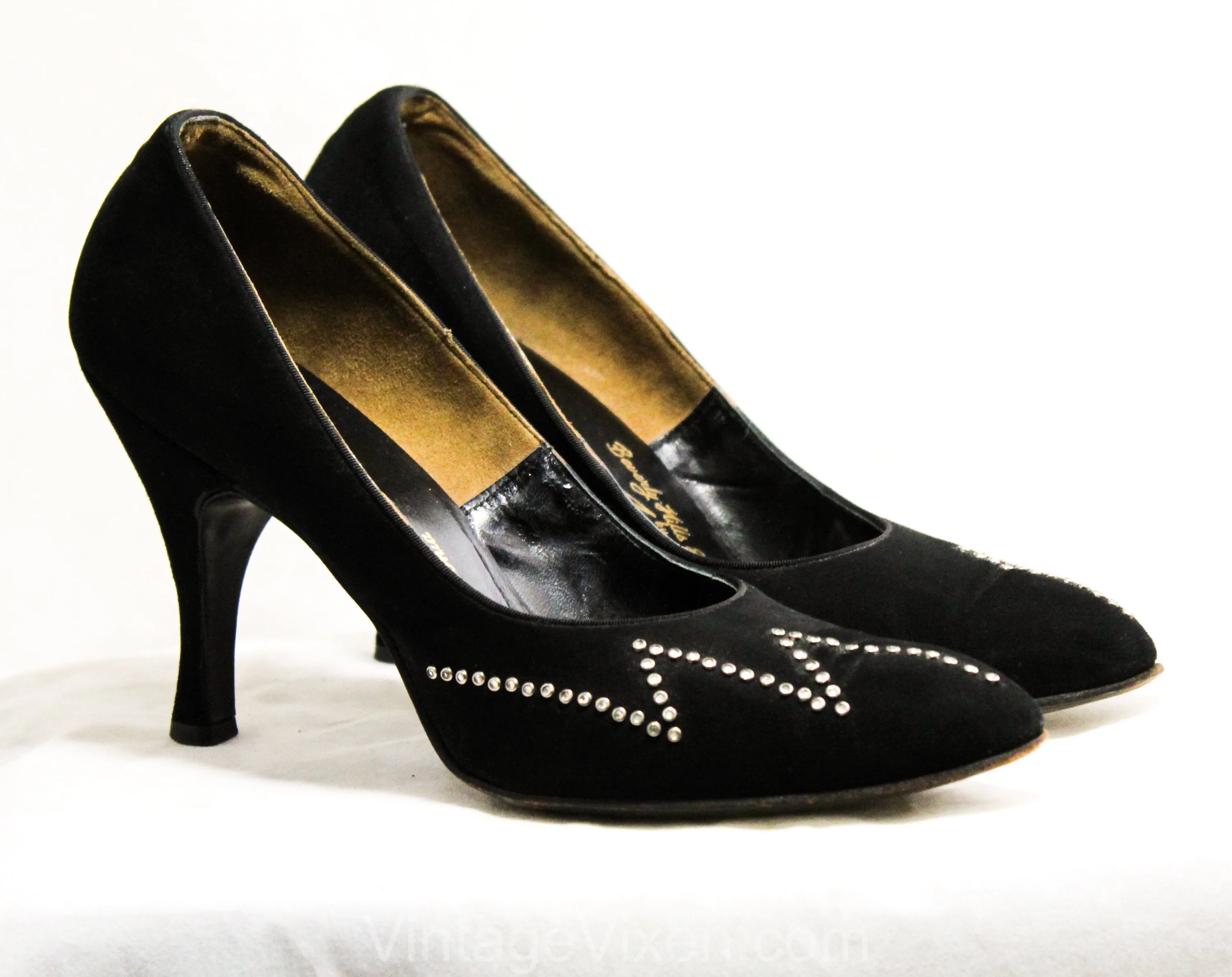 Size 6.5 Black Suede 50s Heels with Zig-Zag Rhinestones - Hollywood Style 1950s Shoes - Beverly Hills Label - Sexy Metal Studs - 6 1/2 N