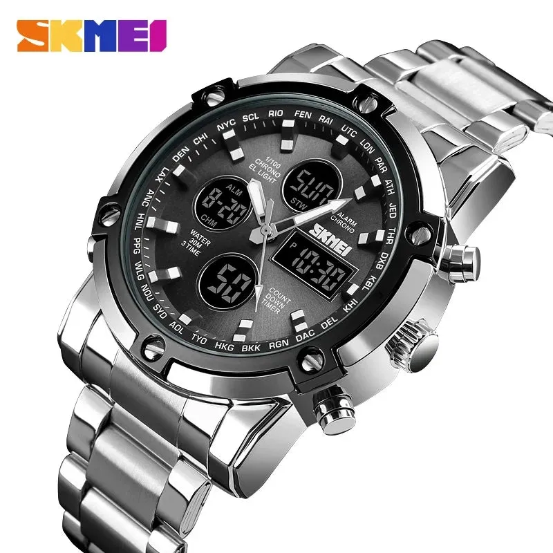 SKMEI 1389 Dual Time Stainless Steel Quartz Waterproof Watch