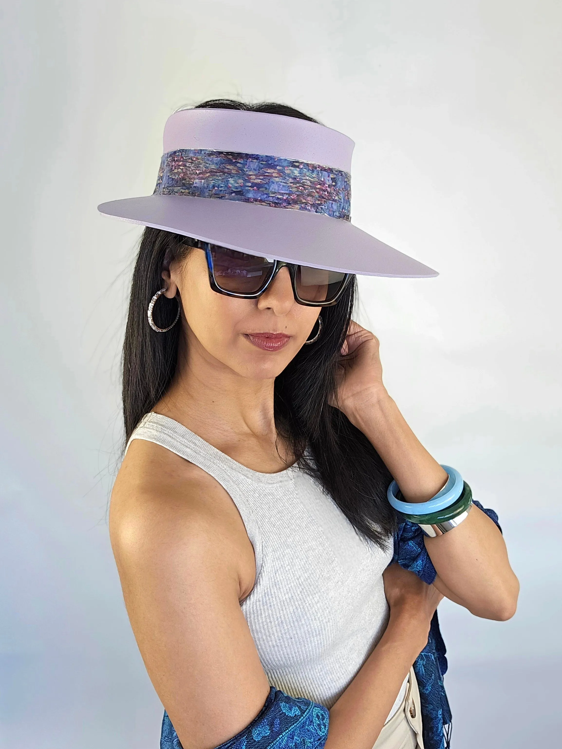 Tall Lilac Purple "LadyEVA" Visor Hat with Multicolor Monet Style Band