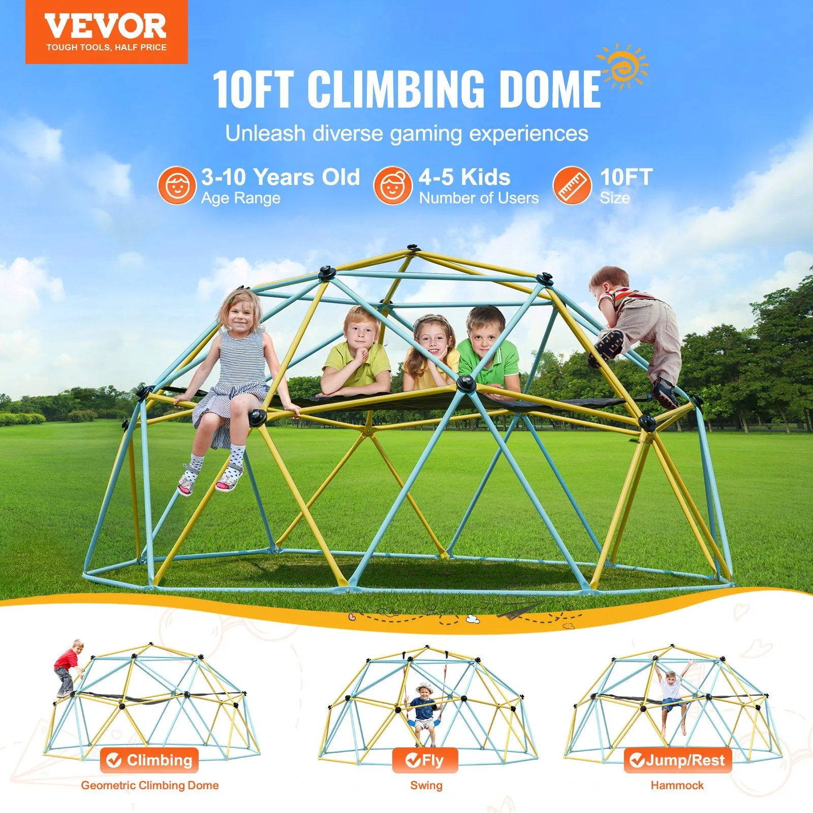 Vevor Climbing Dome 10' Jungle Gym Supports 750 Lbs. Outdoor Play Center with Swing and Hammock New