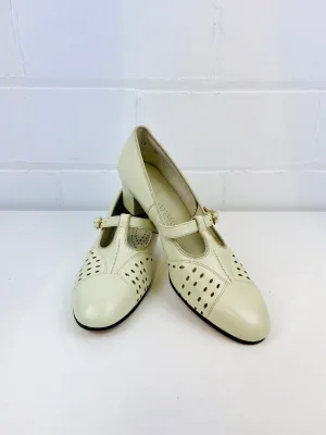 Vintage Deadstock Shoes, Women's 1980s Beige Leather Cuban Heel T-Strap Pumps, NOS, 7869