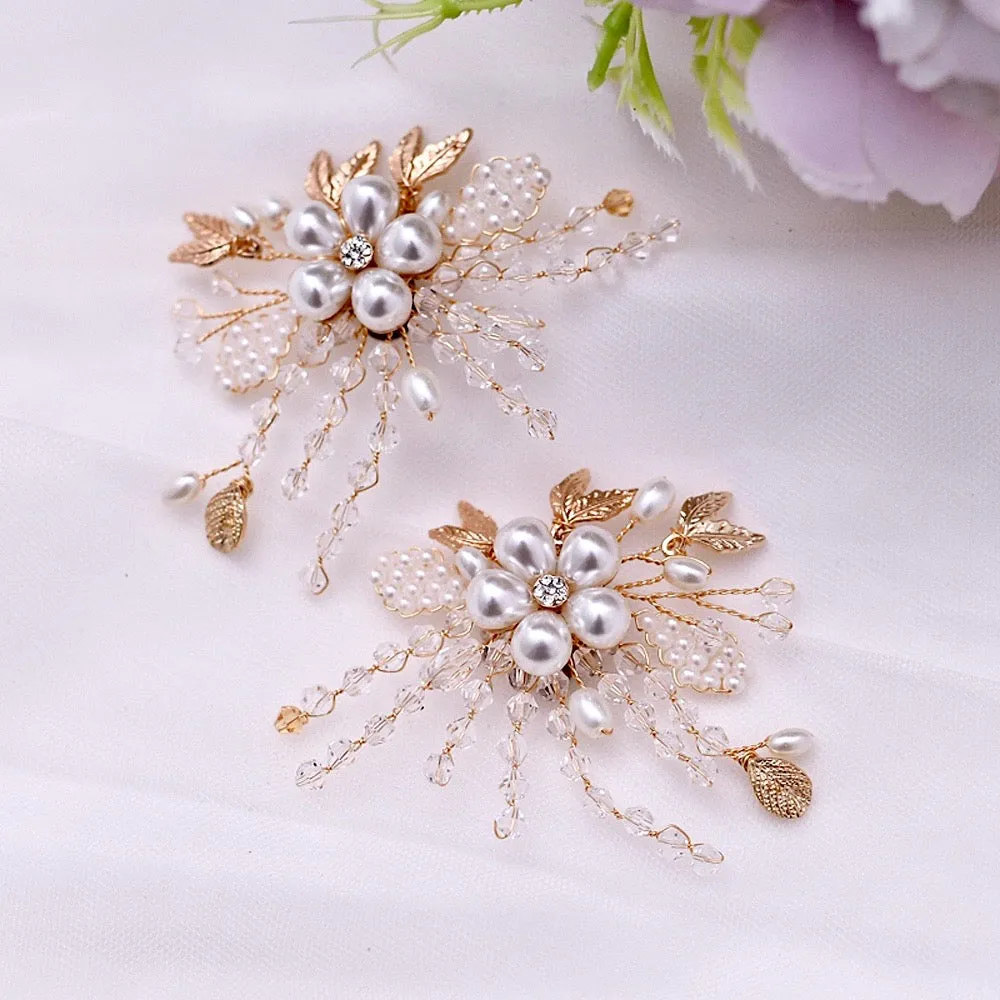 Wedding Accessories - Pearl and Crystal Gold Bridal Shoe Clips