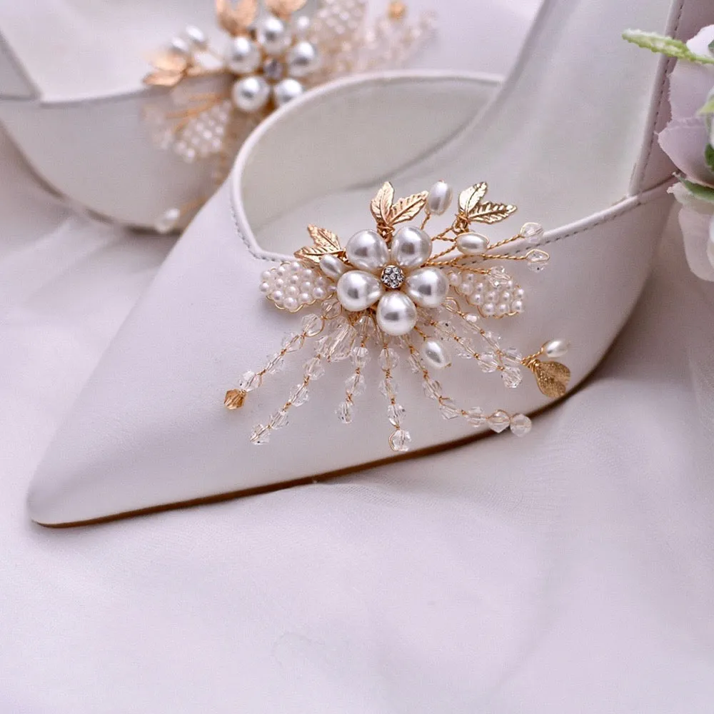 Wedding Accessories - Pearl and Crystal Gold Bridal Shoe Clips