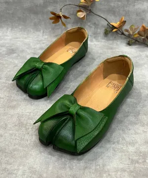 Women Green Bow Split Toe Cowhide Leather Flat Shoes For RT1043