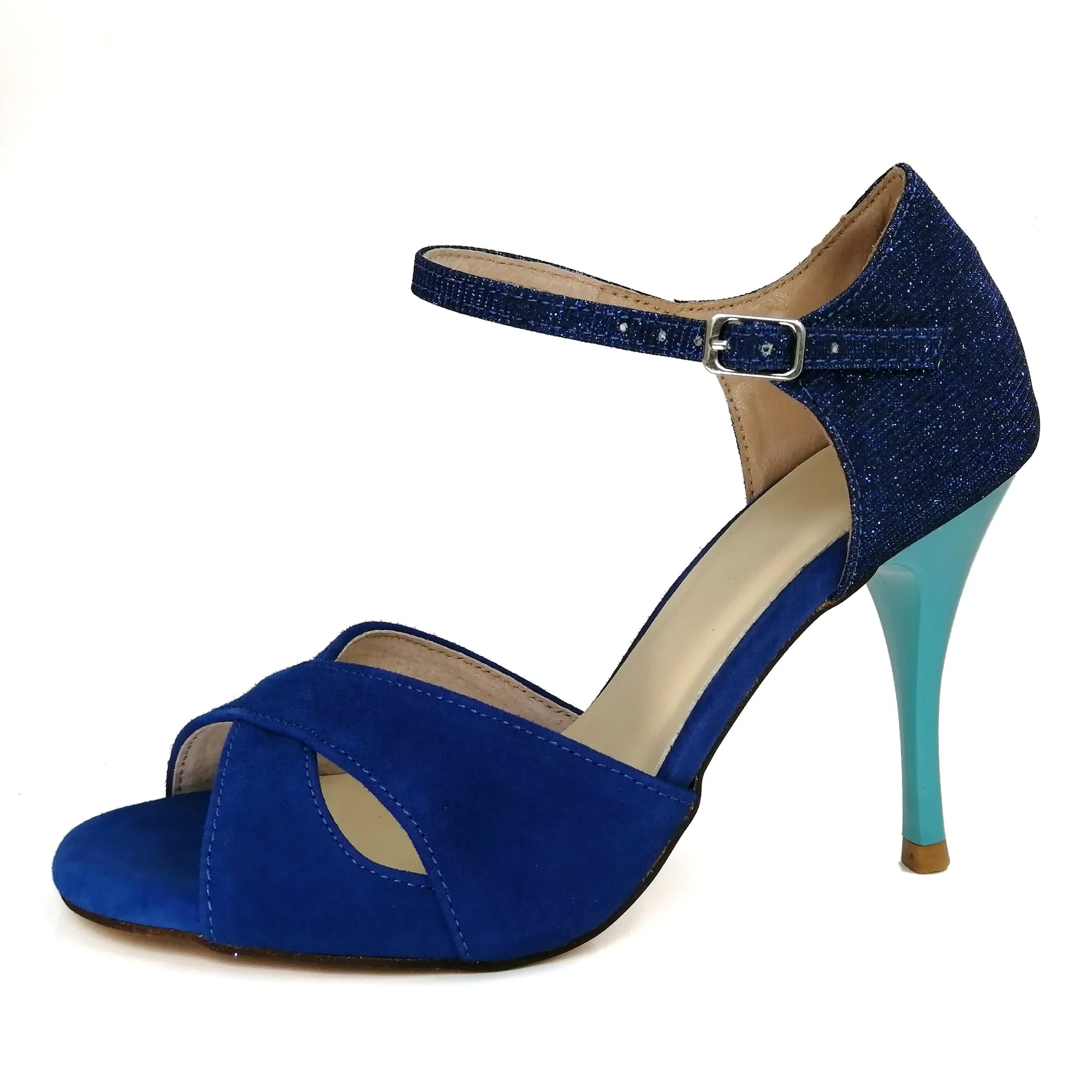 Women's Argentine Tango Shoes High Heel Dance Sandals Leather Sole Blue