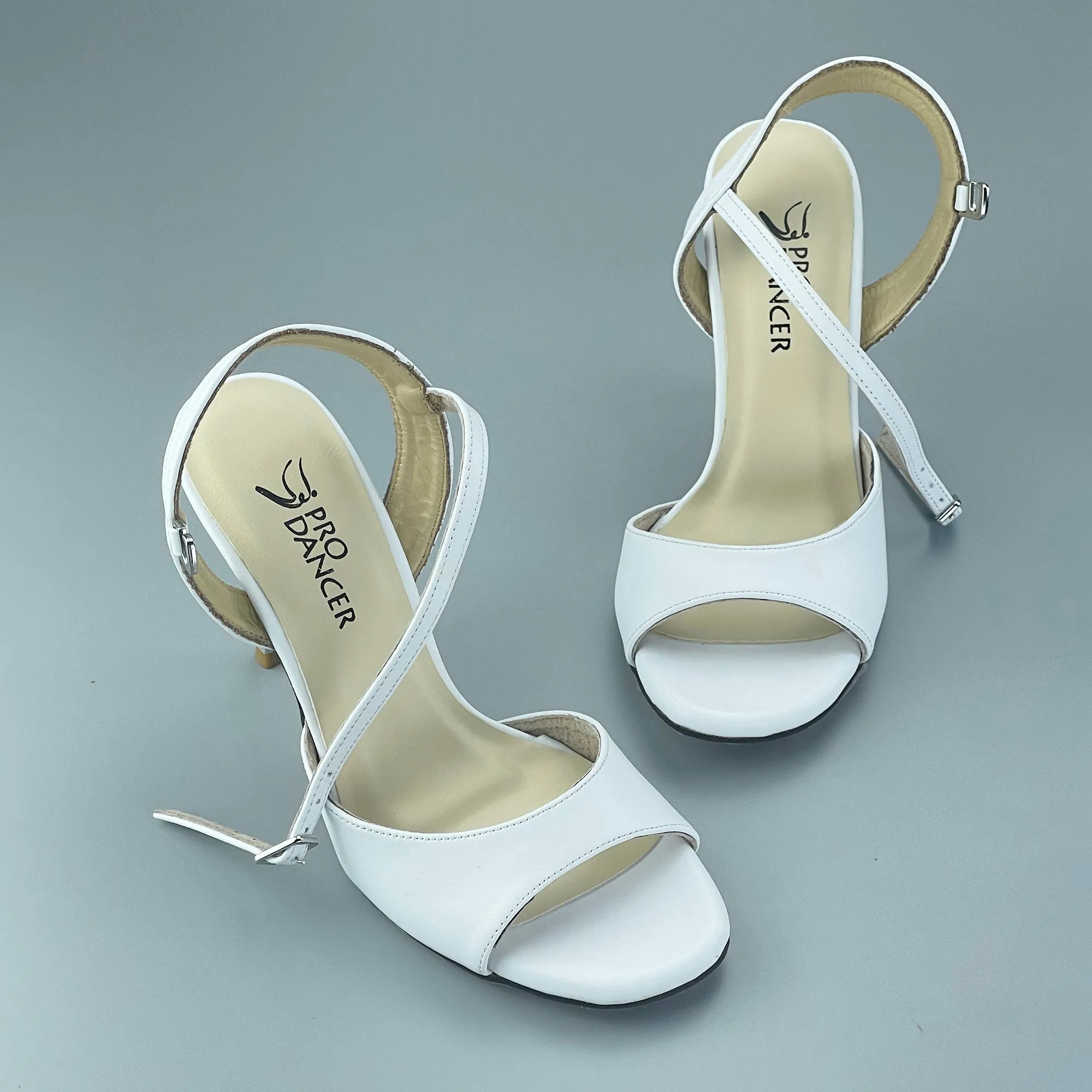 Women's White Tango Shoes High Heel Dance Sandals Leather Sole